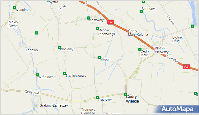 mapa Miłocin gmina Cedry Wielkie, Miłocin gmina Cedry Wielkie na mapie Targeo