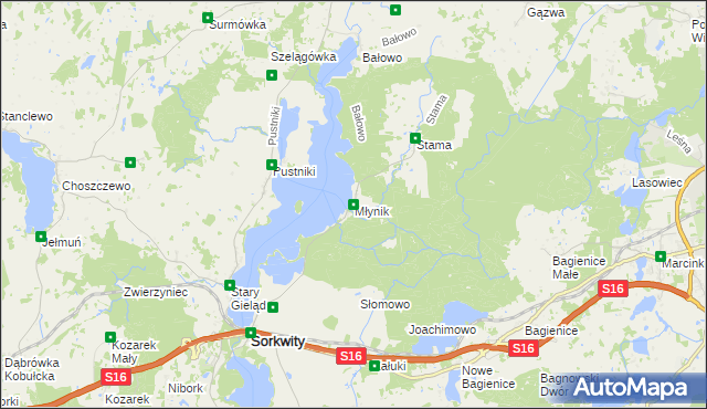 mapa Młynik gmina Sorkwity, Młynik gmina Sorkwity na mapie Targeo