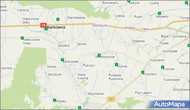 mapa Modliborzyce gmina Baćkowice, Modliborzyce gmina Baćkowice na mapie Targeo