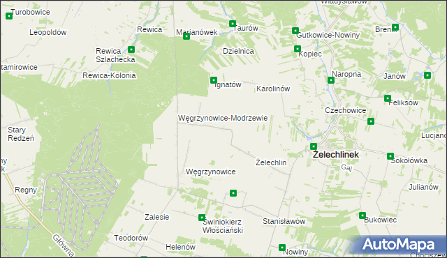 mapa Modrzewek gmina Żelechlinek, Modrzewek gmina Żelechlinek na mapie Targeo