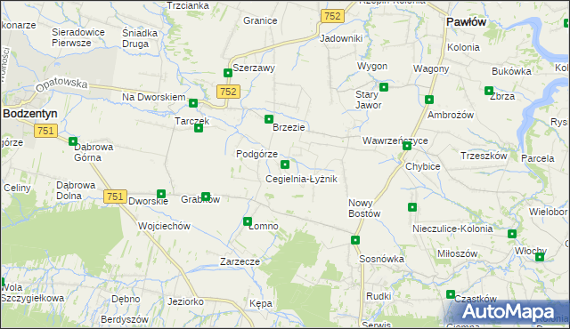 mapa Modrzewie gmina Pawłów, Modrzewie gmina Pawłów na mapie Targeo