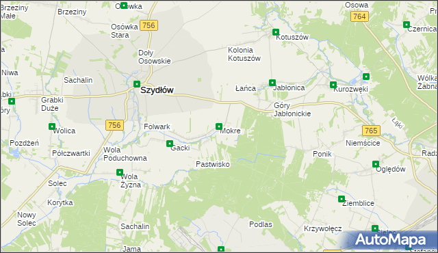 mapa Mokre gmina Szydłów, Mokre gmina Szydłów na mapie Targeo