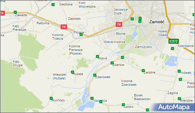 mapa Mokre gmina Zamość, Mokre gmina Zamość na mapie Targeo