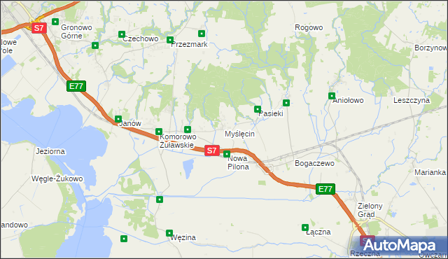 mapa Myślęcin gmina Elbląg, Myślęcin gmina Elbląg na mapie Targeo