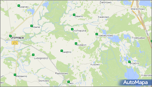 mapa Myślęcin gmina Szczecinek, Myślęcin gmina Szczecinek na mapie Targeo