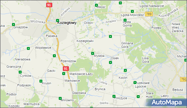 mapa Mysłów gmina Koziegłowy, Mysłów gmina Koziegłowy na mapie Targeo