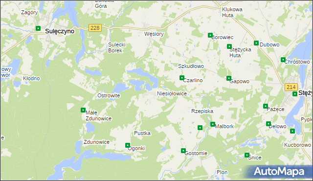 mapa Niesiołowice gmina Stężyca, Niesiołowice gmina Stężyca na mapie Targeo