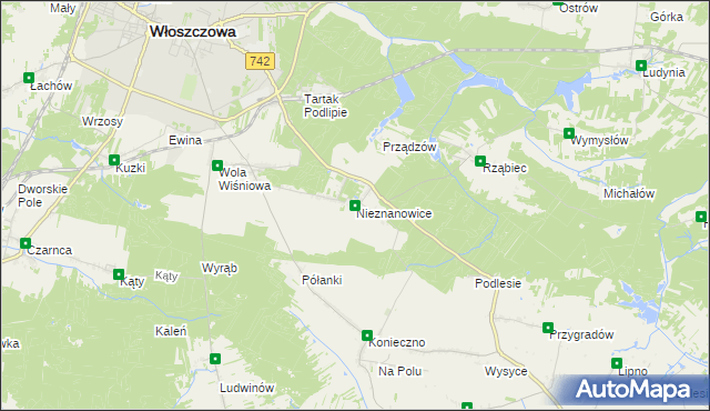 mapa Nieznanowice gmina Włoszczowa, Nieznanowice gmina Włoszczowa na mapie Targeo