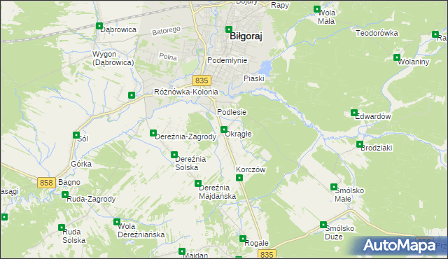 mapa Okrągłe gmina Biłgoraj, Okrągłe gmina Biłgoraj na mapie Targeo