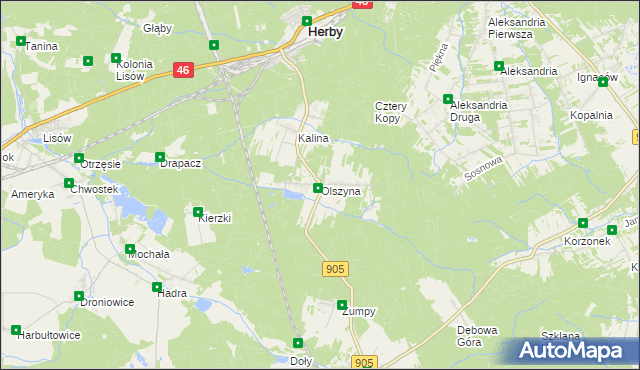 mapa Olszyna gmina Herby, Olszyna gmina Herby na mapie Targeo