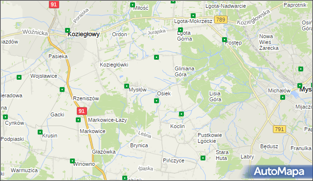 mapa Osiek gmina Koziegłowy, Osiek gmina Koziegłowy na mapie Targeo