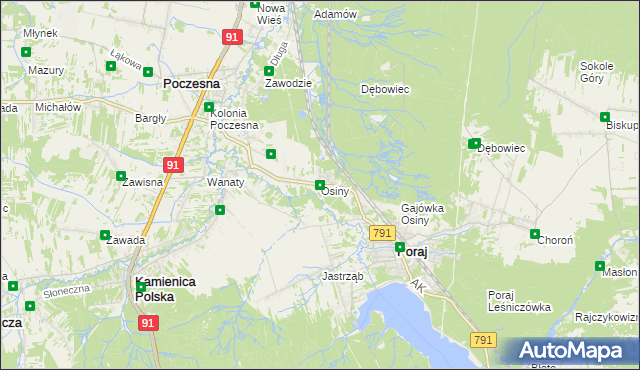 mapa Osiny gmina Kamienica Polska, Osiny gmina Kamienica Polska na mapie Targeo