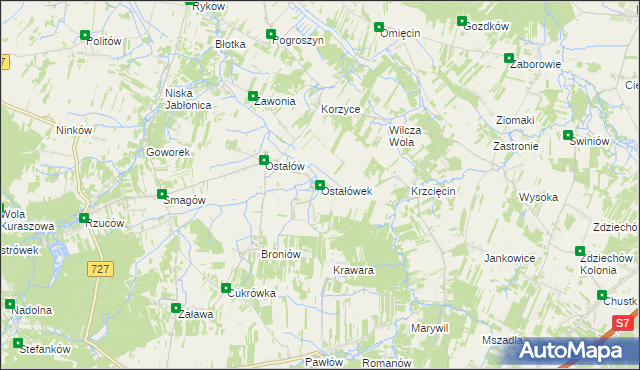 mapa Ostałówek gmina Chlewiska, Ostałówek gmina Chlewiska na mapie Targeo