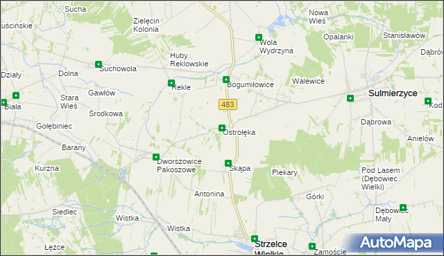 mapa Ostrołęka gmina Sulmierzyce, Ostrołęka gmina Sulmierzyce na mapie Targeo