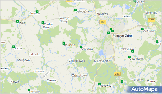 mapa Ostrowąs gmina Połczyn-Zdrój, Ostrowąs gmina Połczyn-Zdrój na mapie Targeo