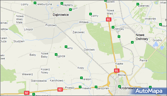 mapa Ostrówki gmina Dąbrowice, Ostrówki gmina Dąbrowice na mapie Targeo