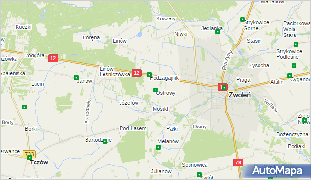 mapa Ostrowy gmina Zwoleń, Ostrowy gmina Zwoleń na mapie Targeo