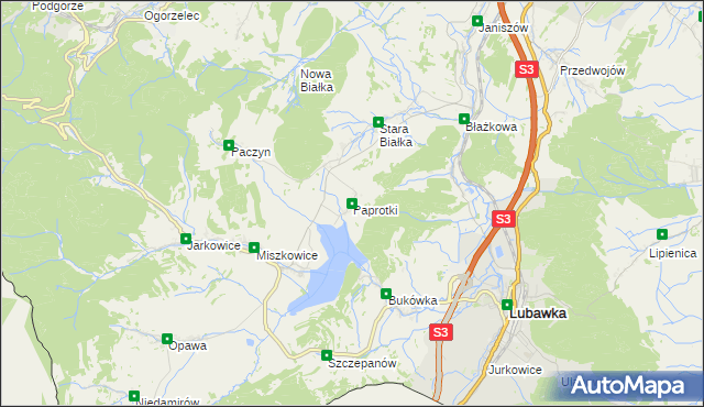 mapa Paprotki gmina Lubawka, Paprotki gmina Lubawka na mapie Targeo