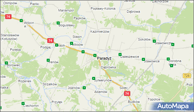 mapa Paradyż powiat opoczyński, Paradyż powiat opoczyński na mapie Targeo