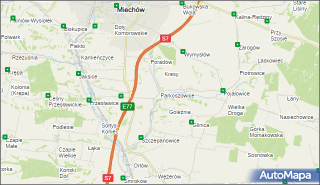 mapa Parkoszowice gmina Miechów, Parkoszowice gmina Miechów na mapie Targeo