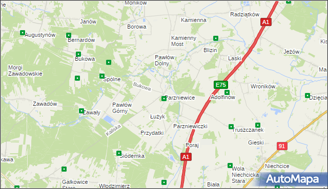 mapa Parzniewice, Parzniewice na mapie Targeo