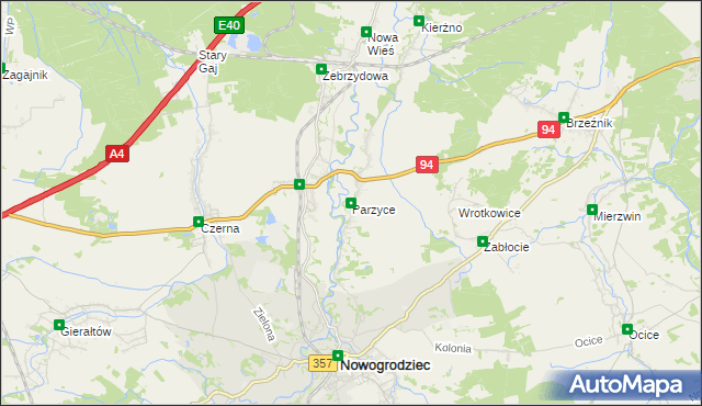 mapa Parzyce gmina Nowogrodziec, Parzyce gmina Nowogrodziec na mapie Targeo