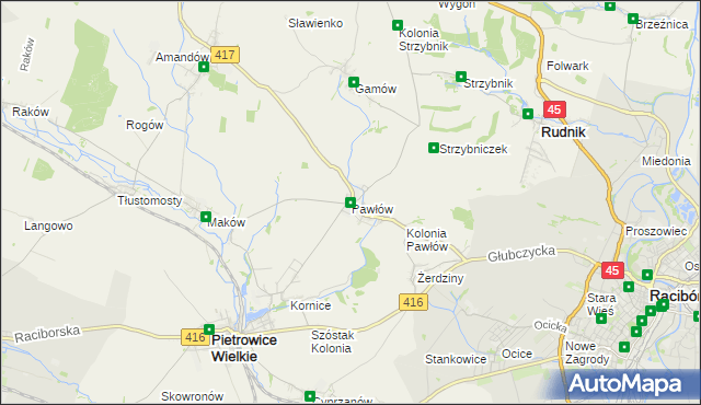 mapa Pawłów gmina Pietrowice Wielkie, Pawłów gmina Pietrowice Wielkie na mapie Targeo