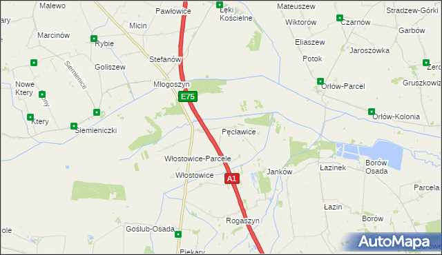 mapa Pęcławice gmina Piątek, Pęcławice gmina Piątek na mapie Targeo