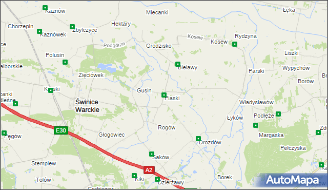 mapa Piaski gmina Świnice Warckie, Piaski gmina Świnice Warckie na mapie Targeo