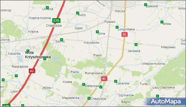 mapa Piaski gmina Wola Krzysztoporska, Piaski gmina Wola Krzysztoporska na mapie Targeo