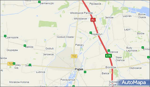 mapa Piekary gmina Piątek, Piekary gmina Piątek na mapie Targeo