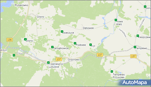 mapa Podbiele gmina Sulęcin, Podbiele gmina Sulęcin na mapie Targeo