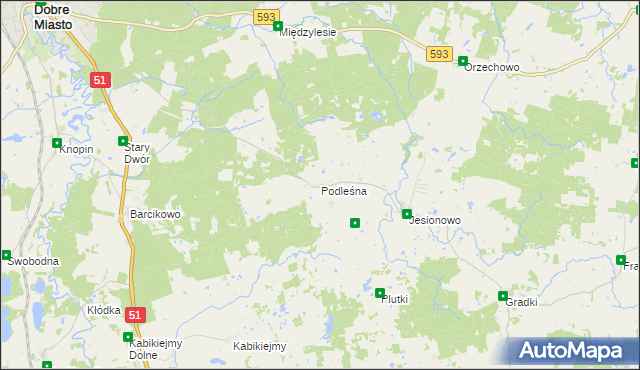 mapa Podleśna gmina Dobre Miasto, Podleśna gmina Dobre Miasto na mapie Targeo