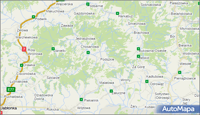 mapa Podszkle gmina Czarny Dunajec, Podszkle gmina Czarny Dunajec na mapie Targeo