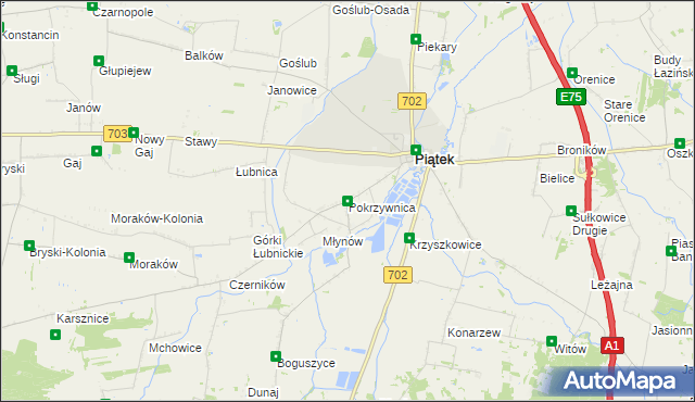 mapa Pokrzywnica gmina Piątek, Pokrzywnica gmina Piątek na mapie Targeo