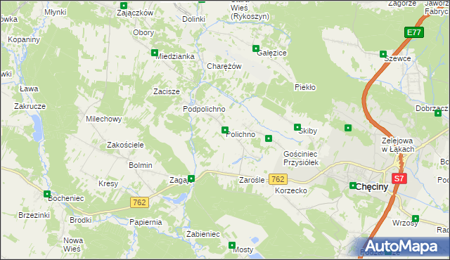 mapa Polichno gmina Chęciny, Polichno gmina Chęciny na mapie Targeo