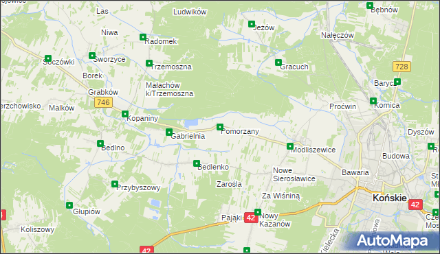 mapa Pomorzany gmina Końskie, Pomorzany gmina Końskie na mapie Targeo