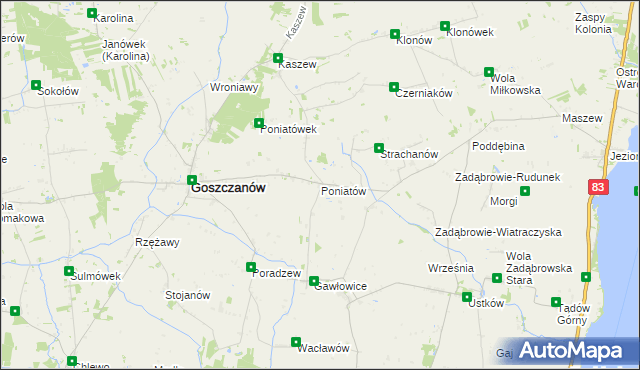 mapa Poniatów gmina Goszczanów, Poniatów gmina Goszczanów na mapie Targeo