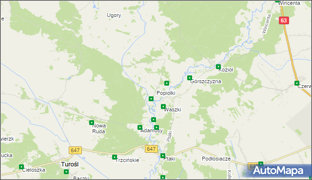 mapa Popiołki gmina Turośl, Popiołki gmina Turośl na mapie Targeo