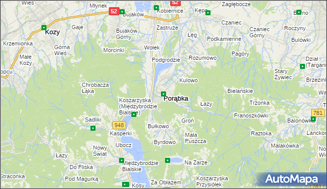 mapa Porąbka powiat bielski, Porąbka powiat bielski na mapie Targeo