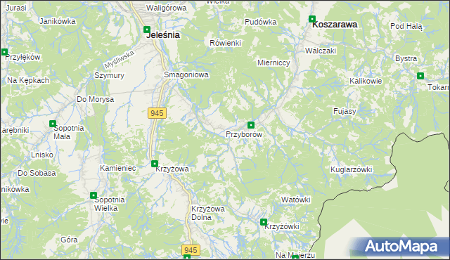 mapa Przyborów gmina Jeleśnia, Przyborów gmina Jeleśnia na mapie Targeo
