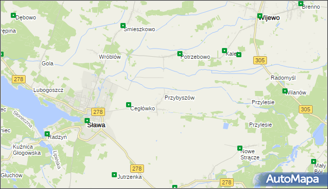 mapa Przybyszów gmina Sława, Przybyszów gmina Sława na mapie Targeo