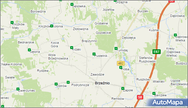 mapa Pustelnik gmina Brzeźnio, Pustelnik gmina Brzeźnio na mapie Targeo