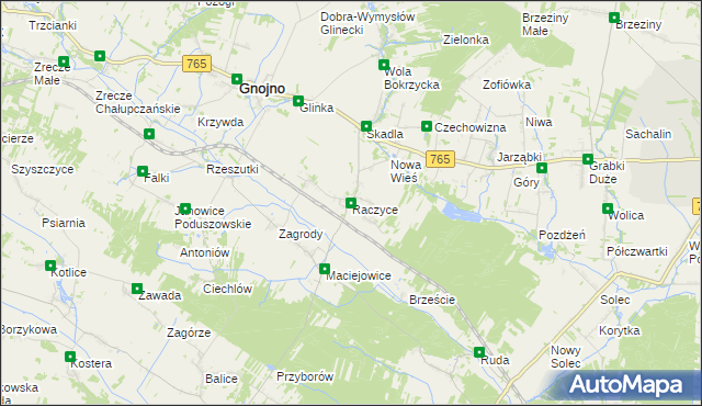 mapa Raczyce gmina Gnojno, Raczyce gmina Gnojno na mapie Targeo