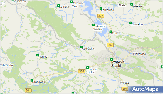 mapa Radłówka gmina Lwówek Śląski, Radłówka gmina Lwówek Śląski na mapie Targeo