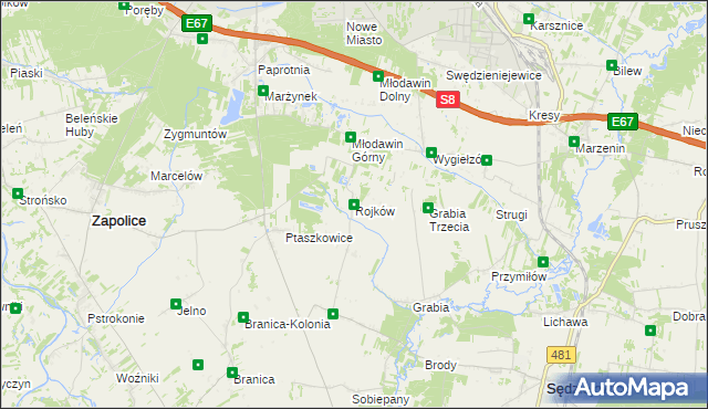 mapa Rojków gmina Zapolice, Rojków gmina Zapolice na mapie Targeo