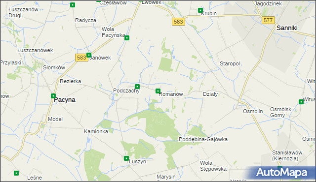 mapa Romanów gmina Pacyna, Romanów gmina Pacyna na mapie Targeo