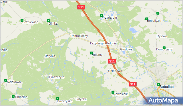 mapa Różany gmina Bobolice, Różany gmina Bobolice na mapie Targeo