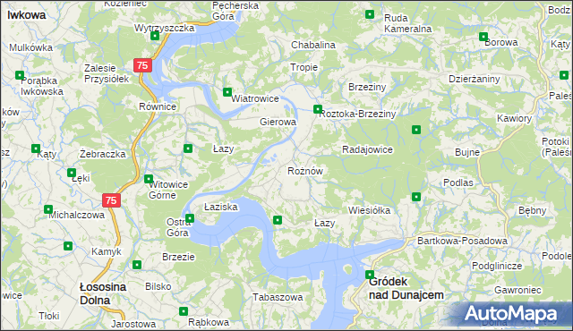 mapa Rożnów gmina Gródek nad Dunajcem, Rożnów gmina Gródek nad Dunajcem na mapie Targeo