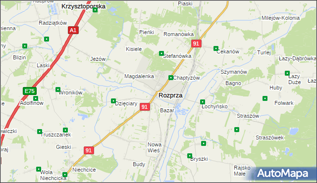 mapa Rozprza powiat piotrkowski, Rozprza powiat piotrkowski na mapie Targeo